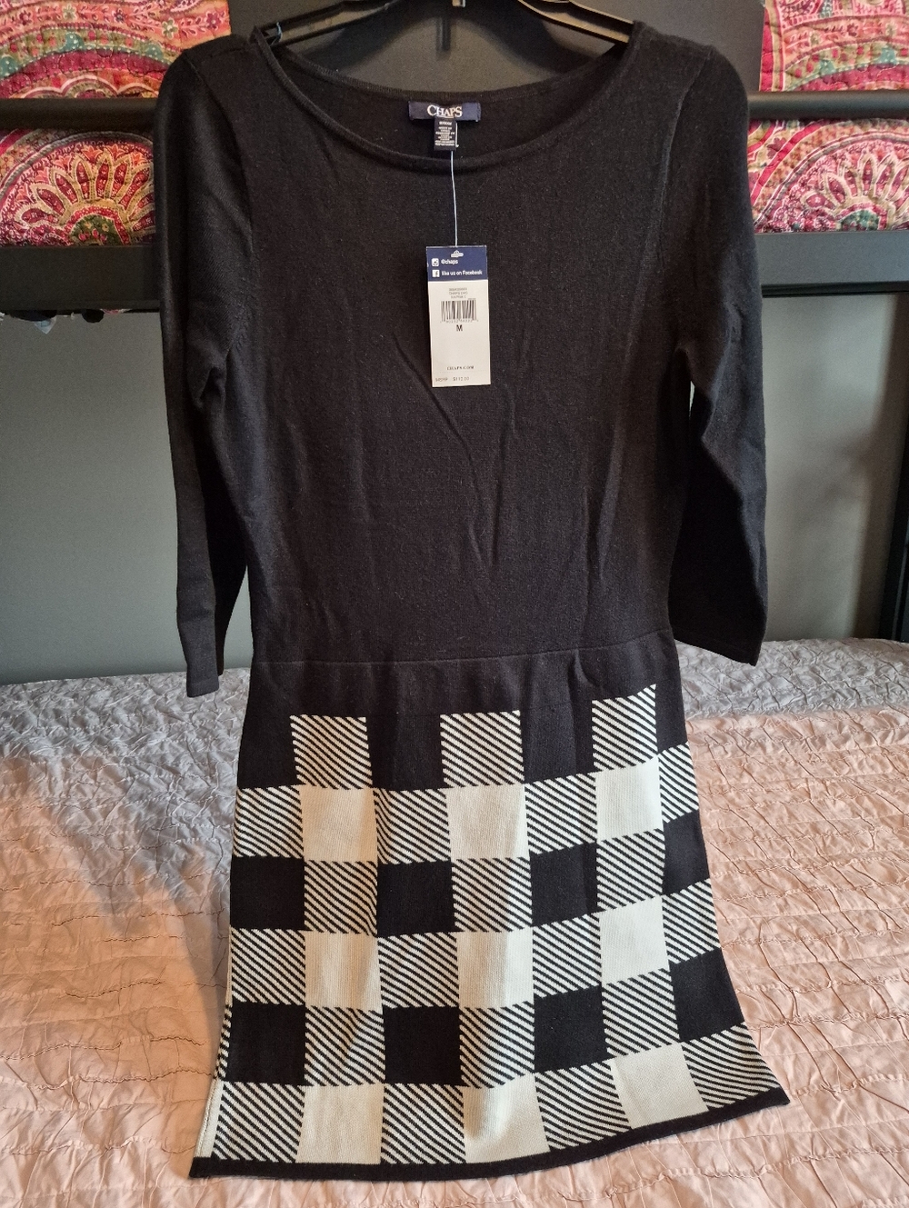 Chaps Ralph Lauren Medium Black-and-Cream Checkered Sweater Dress